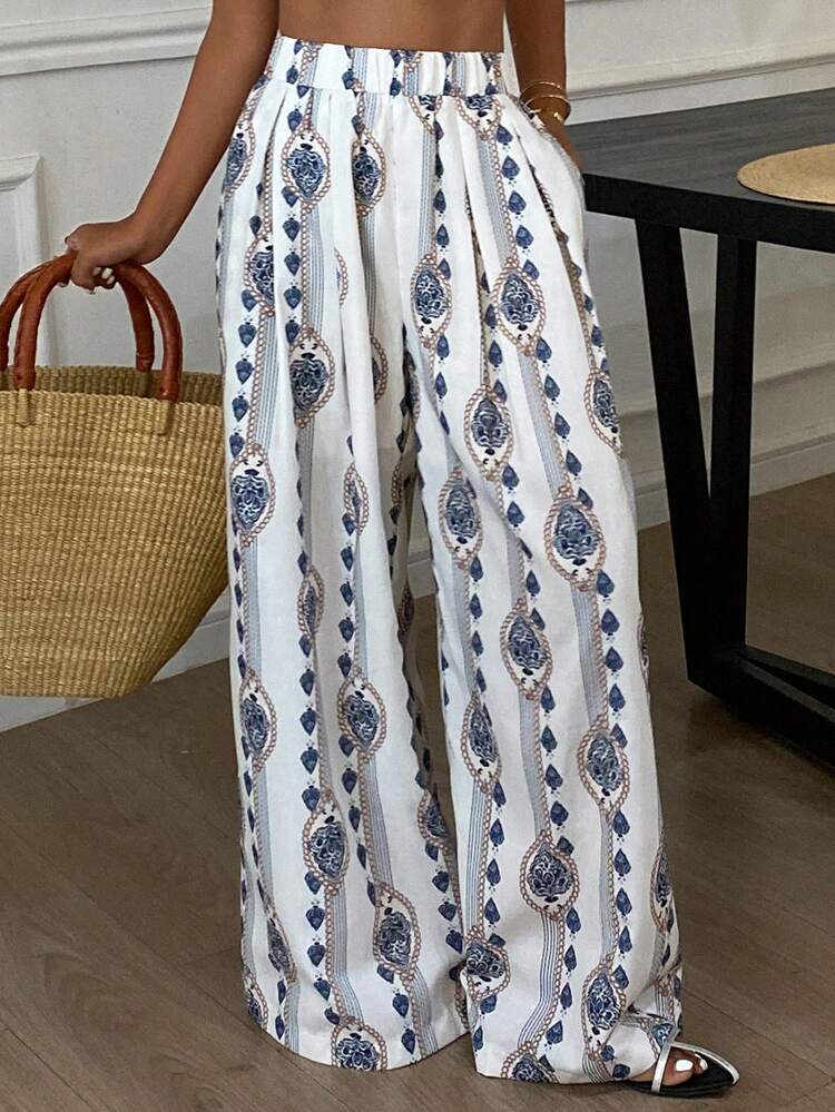 Women's Floral Print Elastic Waist Wide Leg Casual Pants, Summer