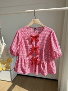 Comfortcana Plus Size Women's Summer Casual Plaid Printed Puff Sleeve Bowknot Peplum Top