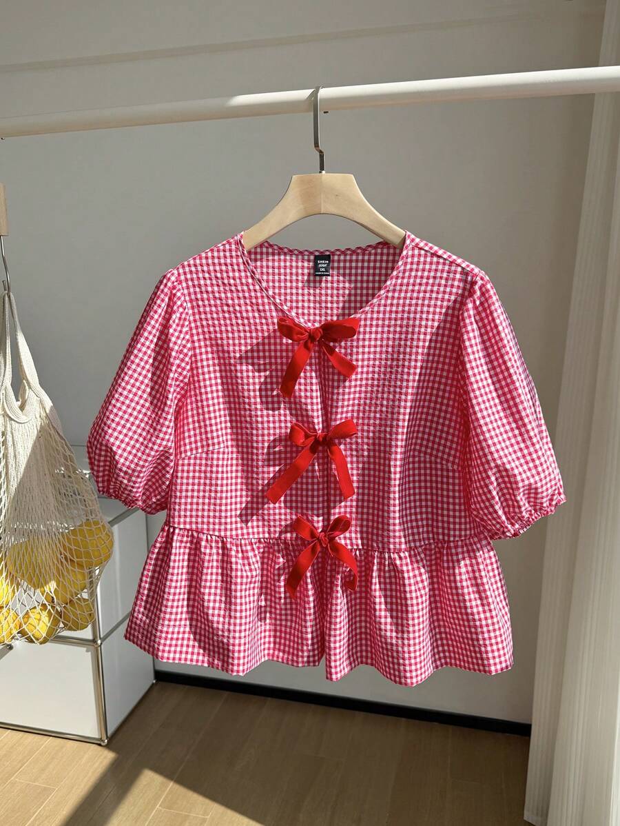 Comfortcana Plus Size Women's Summer Casual Plaid Printed Puff Sleeve Bowknot Peplum Top