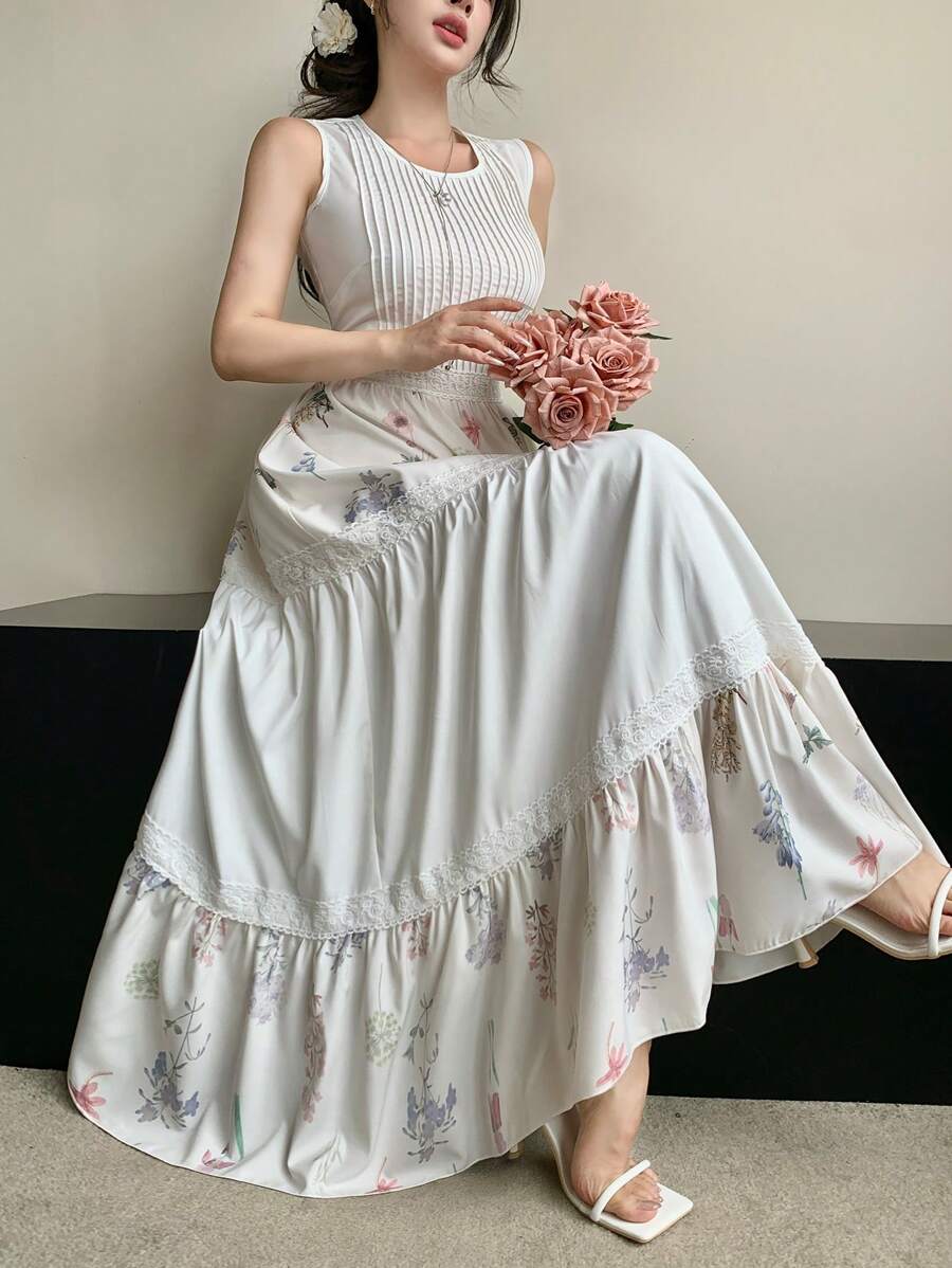 DAZY New Design Niche Mid-Length Lace Ditsy Floral Loose Dress For Women, Spring/Summer - Apricot - View 1