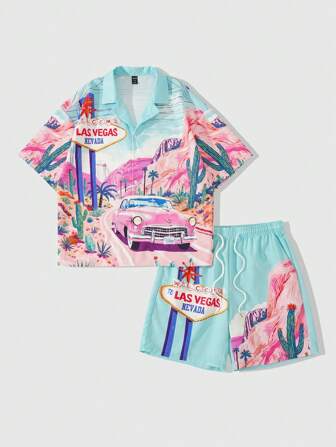 Street Life Conjunto de camisa y pantalones cortos con estampado de paisaje, corte recto para hombre, atuendo casual para vacaciones