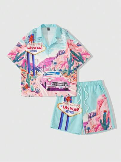 Street Life Herren Landschaftsdruck Hemd und Shorts Set in Oversize-Passform, lässiger Urlaubsoutfit