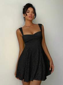 Aloruh Black Lace Ruffle Hem Slip Dress