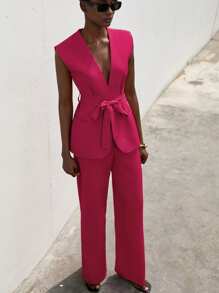 Aveloria Modichic Women's Summer Fashionable Business Suit Vest & Trousers 2-Piece Set - Hot Pink - View 3