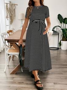 SHEIN 孕妇夏季条纹短袖系腰休闲连衣裙
