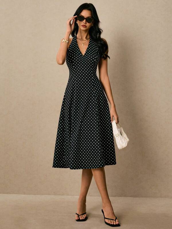Poéselle Vestido elegante de mujer con escote halter, largo hasta la pantorrilla, con estampado de lunares, de estilo retro para el verano