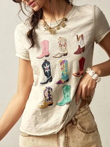 Bohemela Plus Size Summer Casual Western Boot Print T-Shirt,Vintage