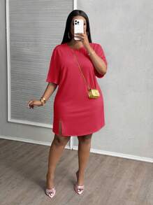 Slaydiva Vestido de vacaciones de manga corta con hombros caídos y abertura lateral de color rosa para tallas grandes, para principios de primavera