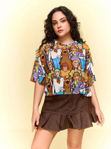 SCOOBY-DOO X SHEIN Plus Size Women Cartoon Pattern Casual Round Neck Short Sleeve Top, Summer - Multicolor - View 3