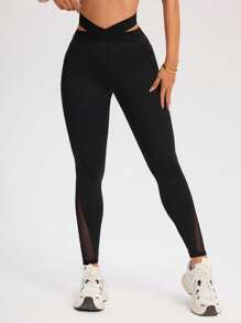 SHEIN Sports 女士纯色腰部交叉紧身裤，休闲夏季运动紧身裤 - 黑色 - 查看 4