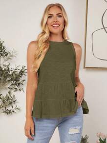 SHEIN LUNE Women's Solid Color Simple Casual Sleeveless Top,Casual - Army Green - View 3