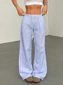 SHEIN Tall Pantalones sueltos y casuales de pierna ancha con bolsillos, cintura baja con cordón, de tela arrugada con rayas azules y blancas, aptos para vacaciones, playa, uso diario y verano, especialmente para mujeres altas