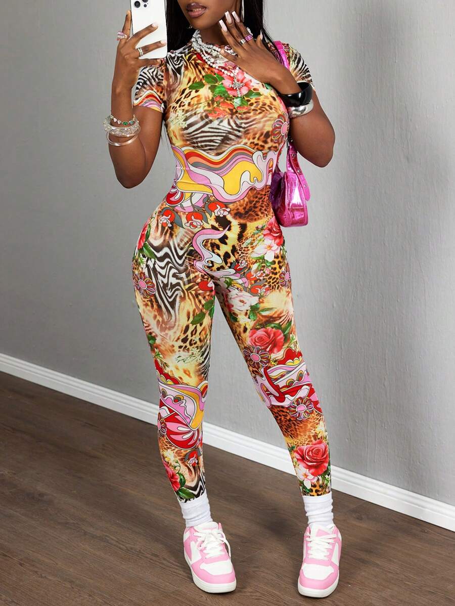 Slaydiva 2025新款夏季休闲街头性感Y2K辣妹朋克风格小立领短袖紧身裤全玫瑰斑马豹纹彩色图案印花网眼女式紧身裤连体裤-G - 彩色 - 查看 1