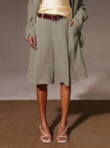 Athîral 女士夏季休闲纯色阔腿短裤 - 卡其色 - 查看 1