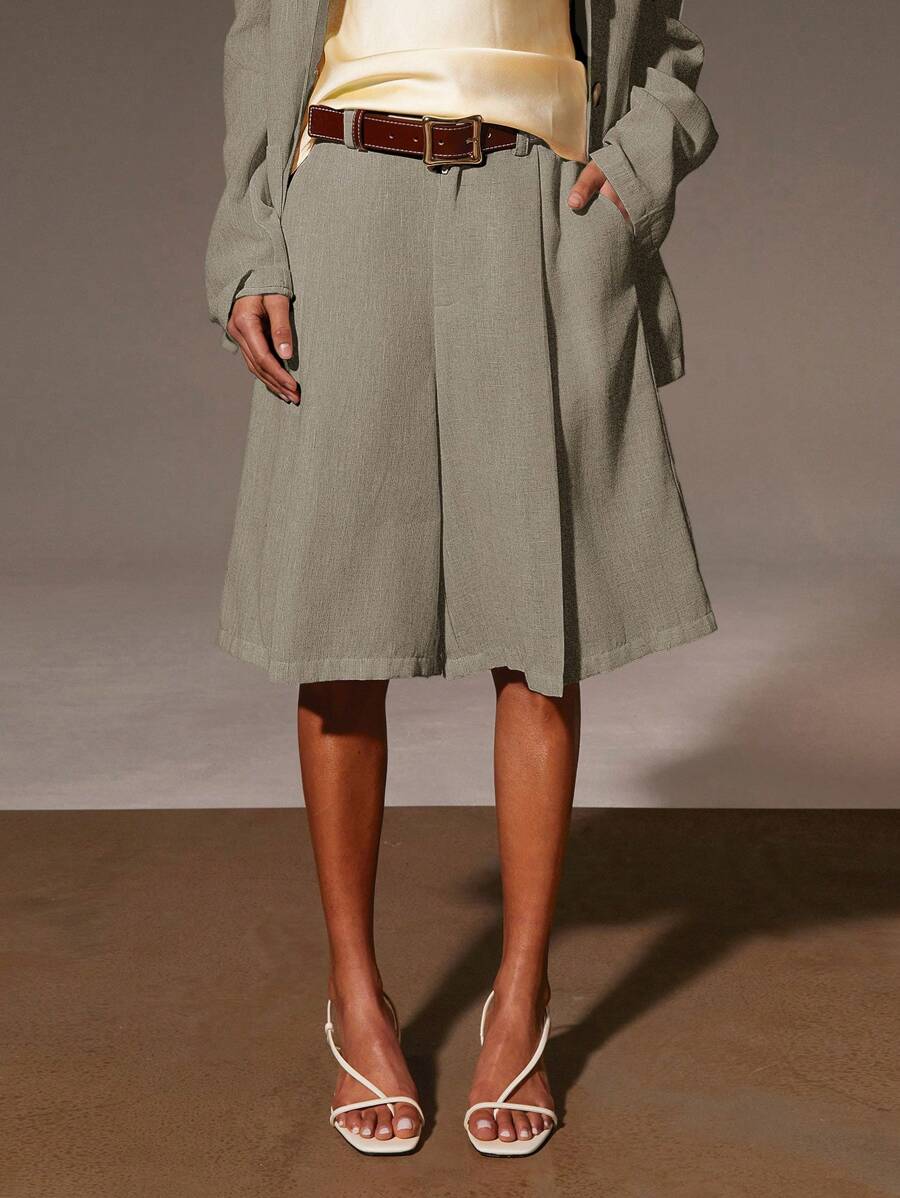 Athîral 女士夏季休闲纯色阔腿短裤 - 卡其色 - 查看 1