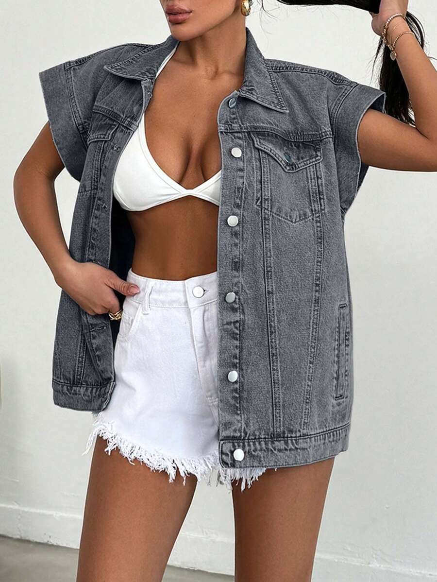 SHEIN Cottnline 100%Cotton Elastic Band Detailed, Rigid Vest - Light Grey - View 1