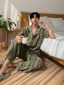 DAZY Printed Embroidered Shirt Men Summer Loungewear Set Pajama - Brown - View 4