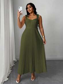 SHEIN Clasi Váy suông màu trơn không tay buộc nơ lãng mạn thanh lịch cỡ lớn cho nữ - xanh quân đội - Xem 1