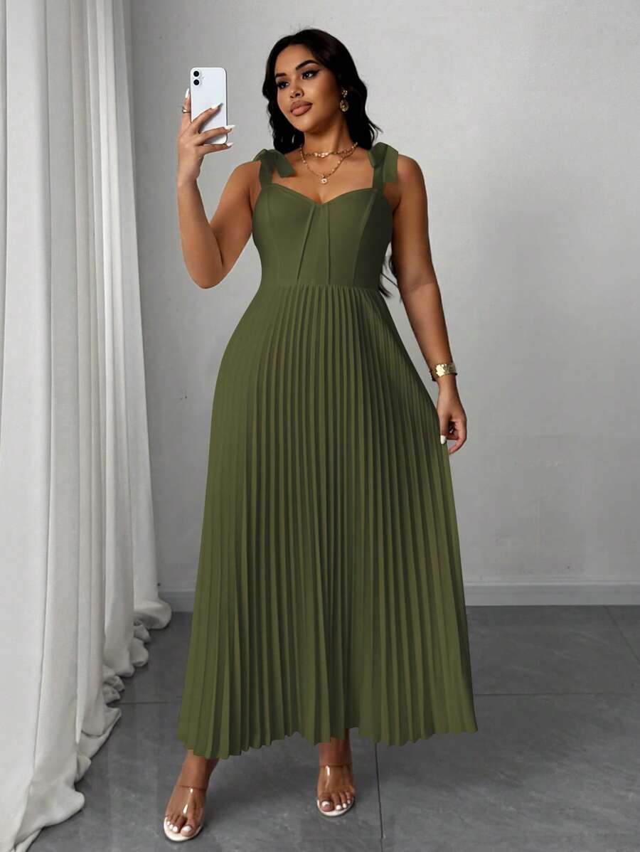 SHEIN Clasi Váy suông màu trơn không tay buộc nơ lãng mạn thanh lịch cỡ lớn cho nữ - xanh quân đội - Xem 1