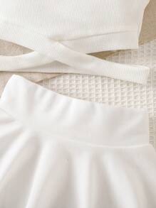 SHEIN 女婴可爱夏季优雅白色针织背心和松紧腰迷你裙可爱衣服套装 - 白色 - 查看 4