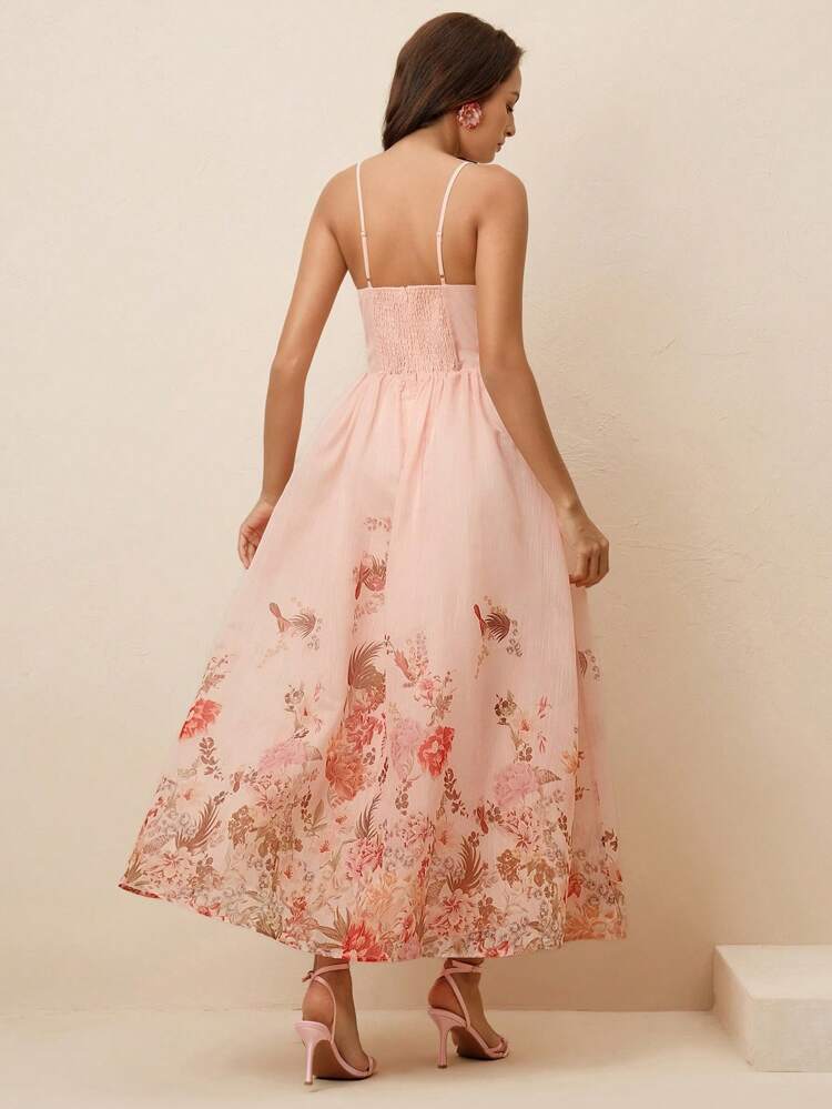 Elegant Cami Ruched Waist A-Line Long Dress With Placement Floral Print, Suitable For Vacation & Beach