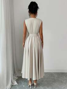 Elenzga Women's Elegant French Style Office/Vacation Cocktail Party Swing A-Line Dress, With Ruffle Collar, Waist Tie Adjustable Belt - Apricot - View 4