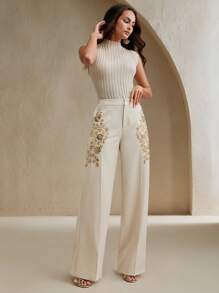Anewsta Eleganti pantaloni da tailleur da donna con decorazioni floreali in perline, adatti per l'ufficio