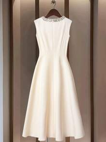 Franclia Women's Elegant Sleeveless Floral Sequins Patchwork Round Neck Dress, Summer - Apricot - View 2