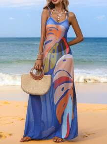 Swim Vcay Summer Outfits For Women Summer Women's Tropical Plant Print Beach Cover-Up With Adjustable Straps - Blue - View 1