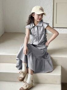 SHEIN 2 件套青少年女童优雅领口无袖衬衫上衣和不对称下摆荷叶边裙套装，灰色女童连衣裙、衬衫和裙子套装，小女孩 2 件套，两件套