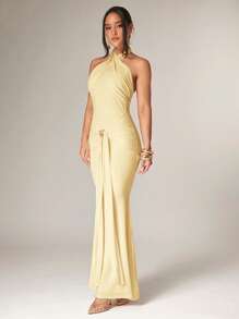 Silquee Women's Elegant Overlapping Design Long Sleeve Maxi Dress, Front Center Slit, Metal Button Decor, Stretchy Knit Fabric, Suitable For Party, Cocktail And Romantic Date, Autumn/Winter, Yellow Formal Dress Gold Formal Dresses For Women Glamorous Gown Goddess Dress Slaydiva Dresses Yellow Gown Halter Neck Gown