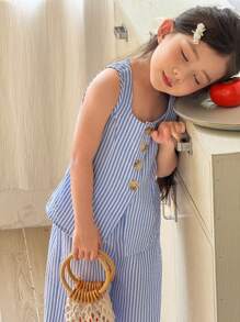 SHEIN Little Byeori 少女休闲条纹方领无袖上衣搭配直筒裤套装，时尚街头通勤装