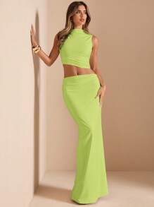 SHEIN BAE 2pcs Set: Spring/Summer White Sleeveless Asymmetric Twist Ruched Drape Neck Cami Top & Low Waist Ruched Pencil Skirt Knit Suit, For White Wedding Guest, Graduation, Vacation