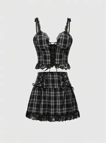 ROMWE Vintage Gothic Plaid 2 Pieces Set For Women - Multicolor - View 1