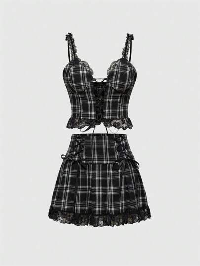 Goth Conjunto vintage de 2 piezas con estampado escocés gótico para mujer