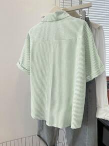 INAWLY 女士休闲条纹短袖衬衫，夏季 - 綠色 - 查看 2