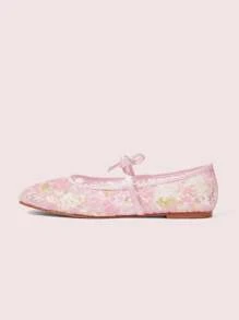 CUCCOO DOLLMOD Floral Embroidered Mesh & PU Bow Decor Elegant Flat Sandals For Christmas - Pink - View 8