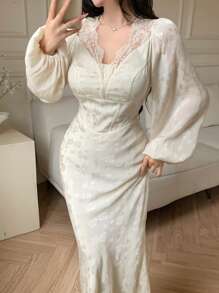 Modelyn Damen elegantes Jacquard-Ballonarm-Fischschwanz-Kleid