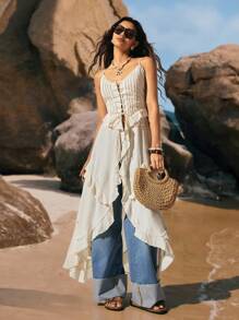 New Arrival Summer Women's Bohemian Style Vacation Retro Vacation Style V-Neck Semi-Sheer Lady Camisole Lotus Leaf - Orange - View 6