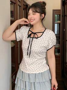 Dazy Plus Kaos Kasual Slim Fit Lengan Pendek Leher Bulat dengan Motif Bunga Hati Mini, Model Patchwork Warna Kontras untuk Anak Perempuan - Putih - View 3