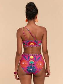 Travachic Conjunto de bikini floral sexy de un hombro para mujeres en la playa de verano