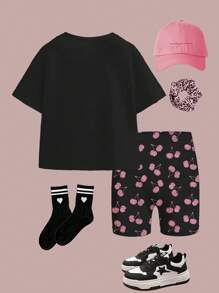 SHEIN 青少年女孩休闲简约短袖 T 恤和短裤两件套，适合夏季 - 彩色 - 查看 2