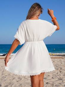 Swim Lushoire Women Summer Beach Solid Color V-Neck Lace Patchwork Tie Beach Cover Up & Dress