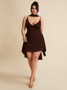 SHEIN BAE Vestito mini elegante in nero tinta unita con scollo a V profondo e nastro, adatto per appuntamenti quotidiani, uscite serali, discoteche, feste, raduni, cocktail festa, tute da vacanza, feste in piscina, abbigliamento da ufficio, abiti da pendolare