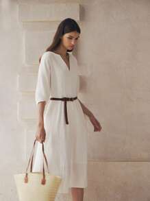 Chiquease 女式简约纯色缺口领喇叭复古连衣裙 - 白色 - 查看 6