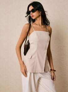 Poéselle 女式夏季纯色单排扣休闲吊带背心 - 杏色 - 查看 6