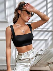 SHEIN EZwear Solid Crop Tank Top - Black - View 4