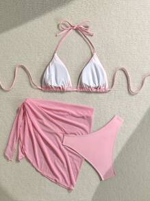 Soleia Women's Summer Beach Solid Color Halter Tie Front Sexy Bikini Swimsuit Set With Cover Up And Skirt , 3 Piece Bathing Suit - Pink - View 2