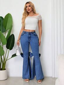 SHEIN SXY Quần Jeans Loe Nơ Dễ Thương Dự Tiệc Thường Ngày Cho Nữ - Rửa tối - Xem 4