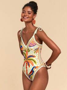 Travachic 1 pieza Traje de baño de una sola pieza sin mangas con estampado de palmera, estilo vacacional para mujer